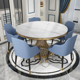 "Modern 51"" Round Dining Table Faux Marble Tabletop & Golden Stainless Steel Pedestal"