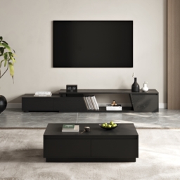 1200mm Mid Century Modern Black Coffee Table Rectangular Block Living Room Table with Storage - thumbnail 2