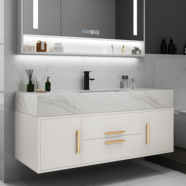 Modern 100 cm White Floating Bathroom Vanity Set Stone Top Wall Mounted Bathroom Cabinet - image 1