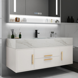 Modern 100 cm White Floating Bathroom Vanity Set Stone Top Wall Mounted Bathroom Cabinet
