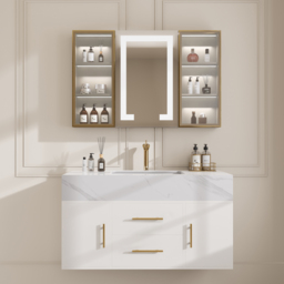 Modern 100 cm White Floating Bathroom Vanity Set Stone Top Wall Mounted Bathroom Cabinet - thumbnail 3