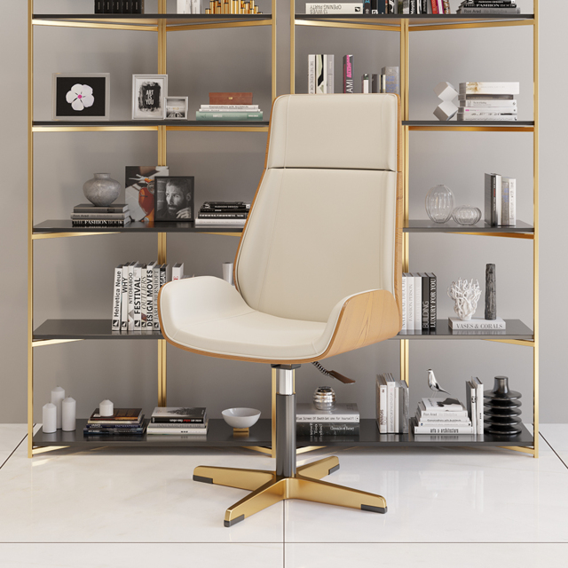 Leather Office Desk Chair High Back Adjustable Swivel Executive Chair in Beige & Gold Modern Home Office Chair - image 1