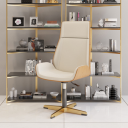 Leather Office Desk Chair High Back Adjustable Swivel Executive Chair in Beige & Gold Modern Home Office Chair - thumbnail 1
