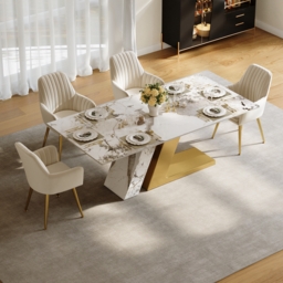 Modern 1800mm Rectangle Sintered Stone Dining Table with 6 Chairs in Gold - thumbnail 3