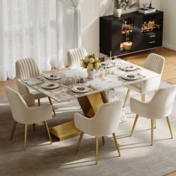 Modern 1800mm Rectangle Sintered Stone Dining Table with 6 Chairs in Gold