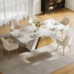 "Dining Set 79"" Modern Rectangle Sintered Stone Dining Table with 6 Chairs" - thumbnail 2