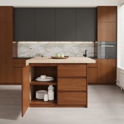 127 cm Large Walnut Kitchen Island with Storage Kitchen Cabinet Marble Veneered Top - thumbnail 7
