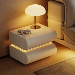 Modern White Leather Smart LED Nightstand with Wireless Charger 2 Drawers Bedside Table with USB & Type-C Ports Set of 2 - thumbnail 2