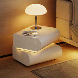 Modern White Leather Smart LED Nightstand with Wireless Charger 2 Drawers Bedside Table with USB & Type-C Ports Set of 2 - thumbnail 1