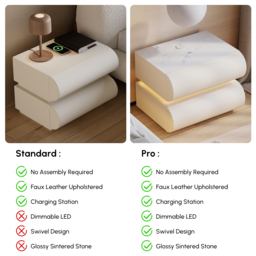 Modern White Leather Smart LED Nightstand with Wireless Charger 2 Drawers Bedside Table with USB & Type-C Ports Set of 2 - thumbnail 5
