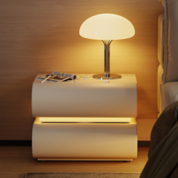Modern White Leather Smart LED Nightstand with Wireless Charger 2 Drawers Bedside Table with USB & Type-C Ports Set of 2 - thumbnail 3