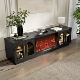 Arune 203 cm Arched Glass Doors TV Stand with Electric Fireplace & Remote Control - thumbnail 3