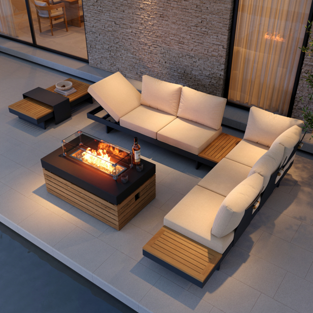 5PCS L Shaped Garden  Sectional Sofa Set with Smokeless Propane Fire Pit Table Yard & Patio Furniture for 6 Person in White Cushion & Pillow Included - image 1
