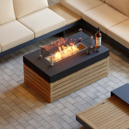 5PCS L Shaped Garden  Sectional Sofa Set with Smokeless Propane Fire Pit Table Yard & Patio Furniture for 6 Person in White Cushion & Pillow Included - thumbnail 4
