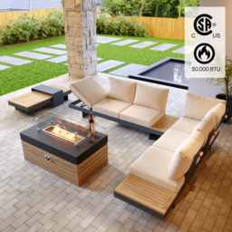 5PCS L Shaped Garden  Sectional Sofa Set with Smokeless Propane Fire Pit Table Yard & Patio Furniture for 6 Person in White Cushion & Pillow Included - thumbnail 2