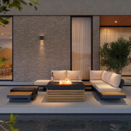 5PCS L Shaped Garden  Sectional Sofa Set with Smokeless Propane Fire Pit Table Yard & Patio Furniture for 6 Person in White Cushion & Pillow Included - thumbnail 3
