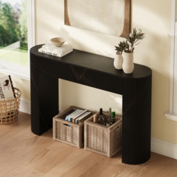 Oval Black Console Table with Waved Wood Top - thumbnail 4