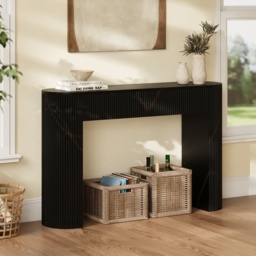 Oval Black Console Table with Waved Wood Top - thumbnail 2