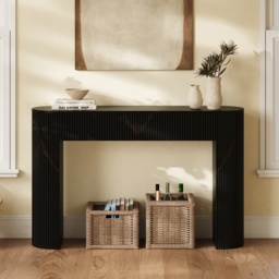 Oval Black Console Table with Waved Wood Top - thumbnail 1
