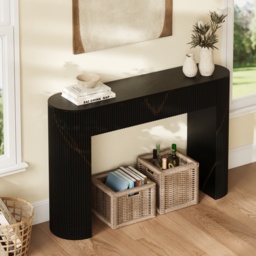 Oval Black Console Table with Waved Wood Top - thumbnail 3