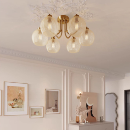 Retro Gold 6-Bulb Clear Glass Shade Chandelier Globe Semi Flush Mount Ceiling Light - thumbnail 8