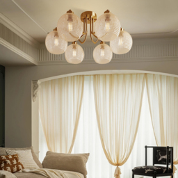 Retro Gold 6-Bulb Clear Glass Shade Chandelier Globe Semi Flush Mount Ceiling Light - thumbnail 3