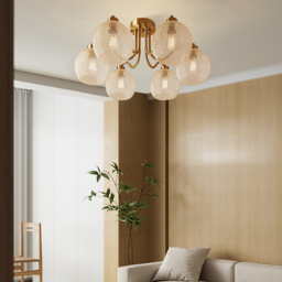 Retro Gold 6-Bulb Clear Glass Shade Chandelier Globe Semi Flush Mount Ceiling Light - thumbnail 7