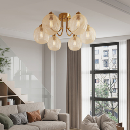 Retro Gold 6-Bulb Clear Glass Shade Chandelier Globe Semi Flush Mount Ceiling Light - thumbnail 4