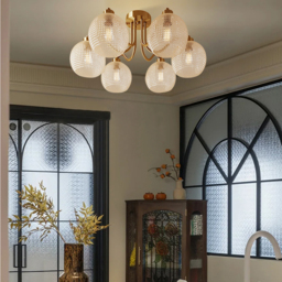 Retro Gold 6-Bulb Clear Glass Shade Chandelier Globe Semi Flush Mount Ceiling Light - thumbnail 6