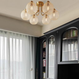 Retro Gold 6-Bulb Clear Glass Shade Chandelier Globe Semi Flush Mount Ceiling Light - thumbnail 5