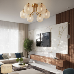 Retro Gold 6-Bulb Clear Glass Shade Chandelier Globe Semi Flush Mount Ceiling Light - thumbnail 9