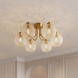 Retro Gold 6-Bulb Clear Glass Shade Chandelier Globe Semi Flush Mount Ceiling Light - thumbnail 1