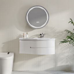 90 cm Floating Curved Bathroom Vanity in White Right Offset Single Sink Bathroom Cabinet - thumbnail 3