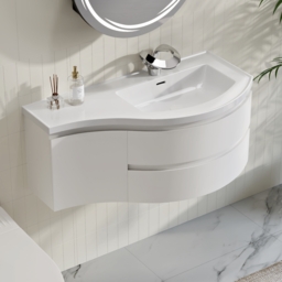 90 cm Floating Curved Bathroom Vanity in White Right Offset Single Sink Bathroom Cabinet - thumbnail 2