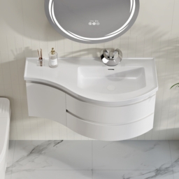 90 cm Floating Curved Bathroom Vanity in White Right Offset Single Sink Bathroom Cabinet