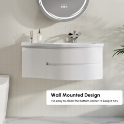 90 cm Floating Curved Bathroom Vanity in White Right Offset Single Sink Bathroom Cabinet - thumbnail 8
