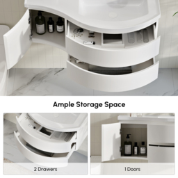 90 cm Floating Curved Bathroom Vanity in White Right Offset Single Sink Bathroom Cabinet - thumbnail 4