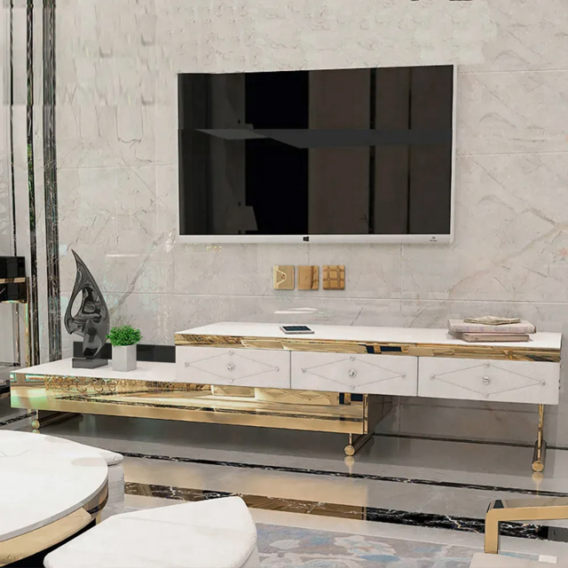 White TV Stand Tempered Glass Top Extendable Entertainment 3-Drawer Cabinet in Gold - image 1