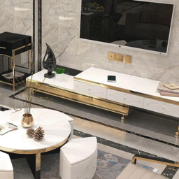 White TV Stand Tempered Glass Top Extendable Entertainment 3-Drawer Cabinet in Gold - thumbnail 2