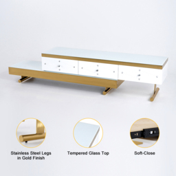 White TV Stand Tempered Glass Top Extendable Entertainment 3-Drawer Cabinet in Gold - thumbnail 5