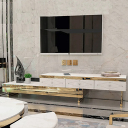 White TV Stand Tempered Glass Top Extendable Entertainment 3-Drawer Cabinet in Gold - thumbnail 1