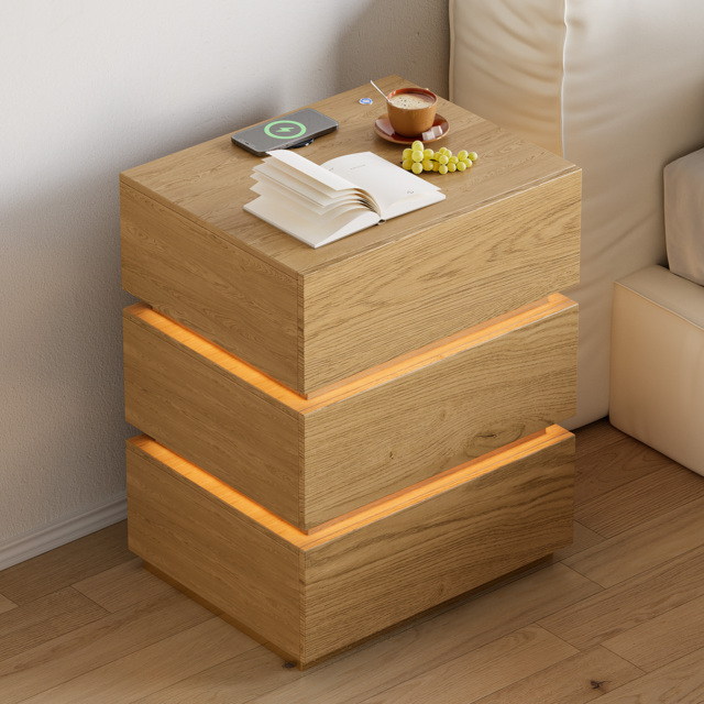 Smart LED Natural Bedside Table Wireless Charging Station Wood Bedside Table with Light Modern - image 1
