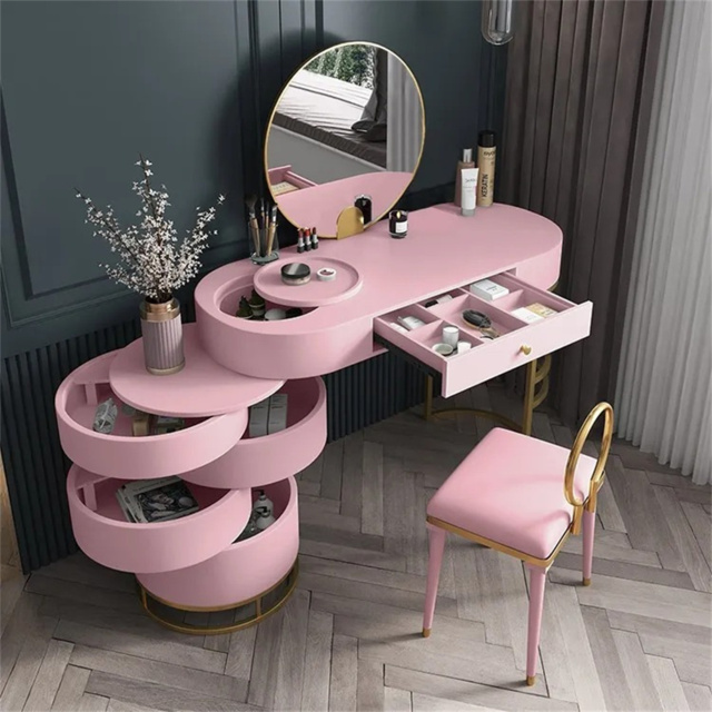 Pink Girls' Dressing Table with Chair with Side Cabinet, 4-Drawer Dressing Table, Mirror & Chair - image 1