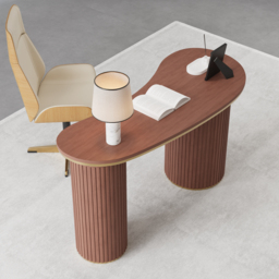 Walnut Curved Wooden Office Desk & Adjustable Swivel Executive Chair in Beige & Gold - thumbnail 3
