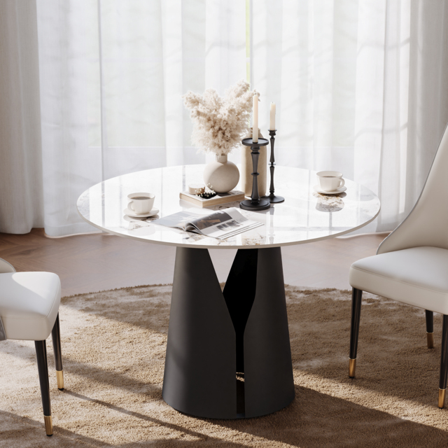 1000mm Sintered Stone Round Dining Table with Carbon Steel Base Seats 2-4 People - image 1