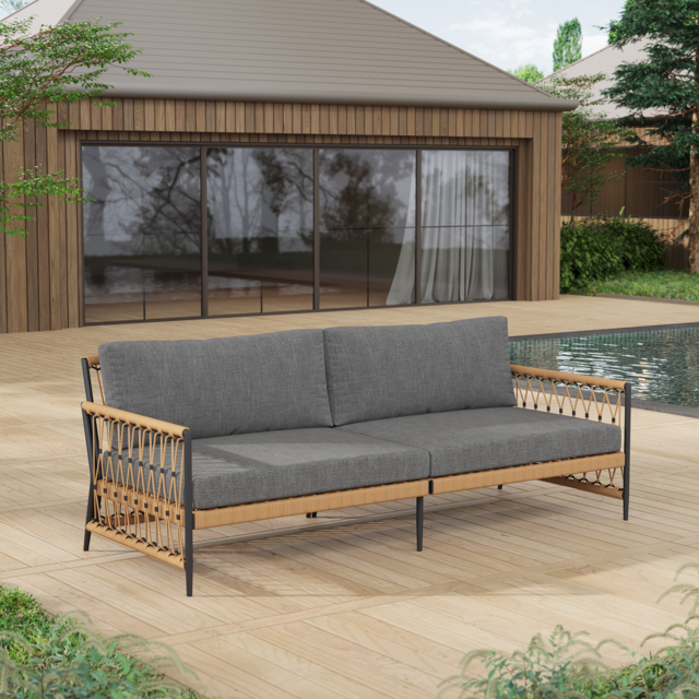 Ropipe Woven Rope Outdoor Sofa 3-Seater Sofa with Dark Gray Polyester Pillow Cushion - image 1