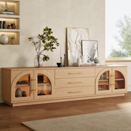 Arune 203 cm Mid Century Modern Natural TV Stand with LED Lights and Arched Glass Cabinet Doors