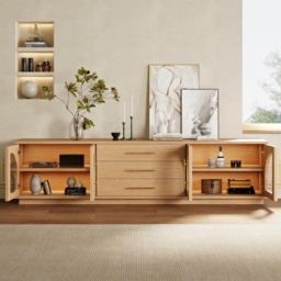 Arune Mid Century Modern Natural TV Stand with LED Lights and Arched Glass Cabinet Doors - thumbnail 3