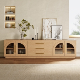 Arune Mid Century Modern Natural TV Stand with LED Lights and Arched Glass Cabinet Doors - thumbnail 6