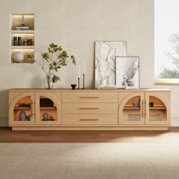 Arune Mid Century Modern Natural TV Stand with LED Lights and Arched Glass Cabinet Doors - thumbnail 2